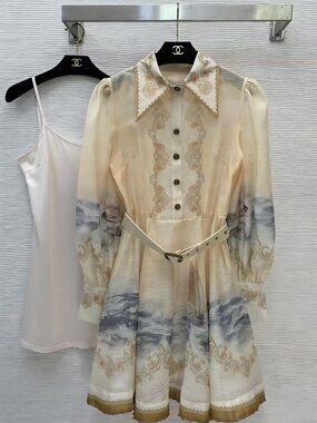 Agua by Agua Bendita Cream Seascape & Floral Embroidered Belted Mini Dress